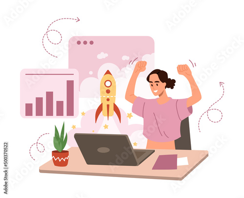 Business woman working hard concept. Young entrepreneur girl sitting at her workplace and rejoicing at launch of startup. Successful and productive employee. Cartoon flat vector illustration