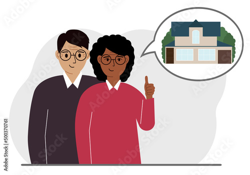 Happy couple or adult family hugging and thinking about buying a dream home. Dreamy metaphor.