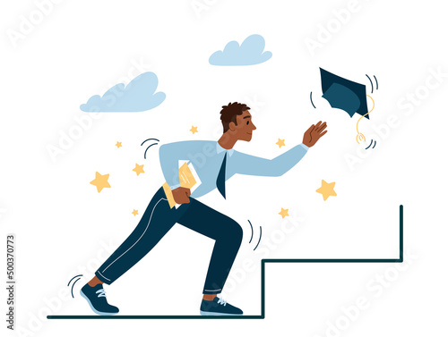 Man runs for graduation cap concept. Young student guy with books in his hands goes up stairs and gets new knowledge. Character graduated from university or college. Cartoon flat vector illustration