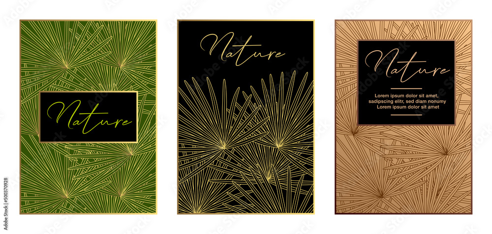Série de 3 flyers ou couvertures de brochures pour des produits de luxe décorés d’une typographie originale et de feuilles de palme sur un fond vert, noir ou cuivre. - obrazy, fototapety, plakaty 