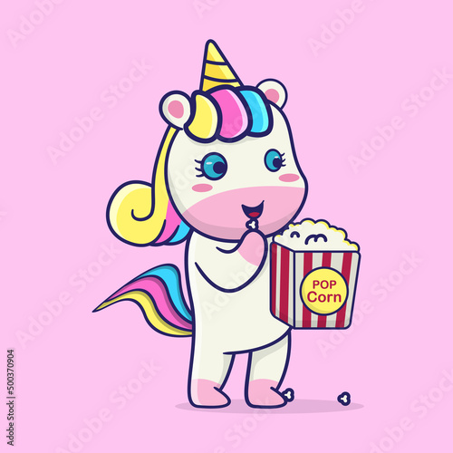 cute unicorn eating popcorn, suitable for children's books, birthday cards, valentine's day, stickers, book covers, greeting cards, printing. 