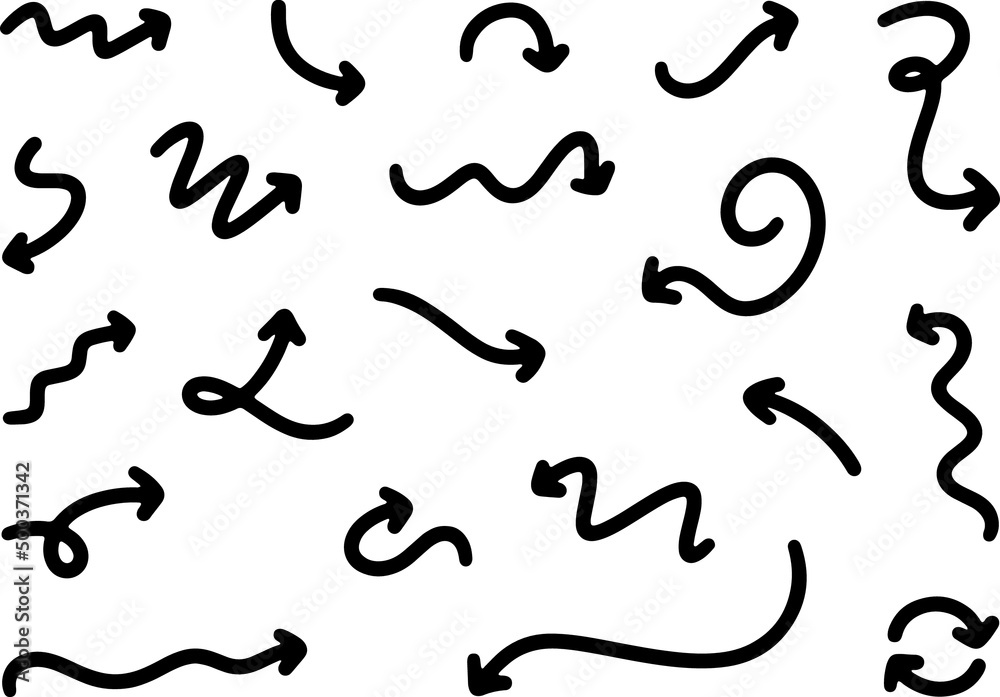 Hand drawn doodle thick arrows vector set