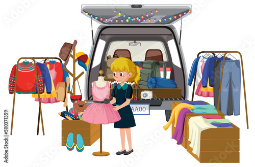 Woman looking at dress at yard sale