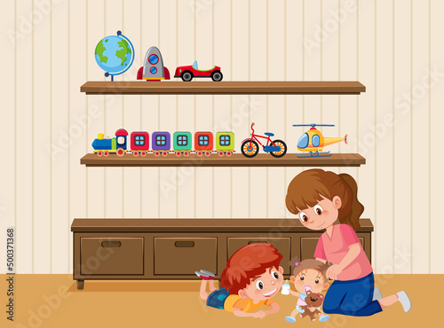 Living room scene with children cartoon character
