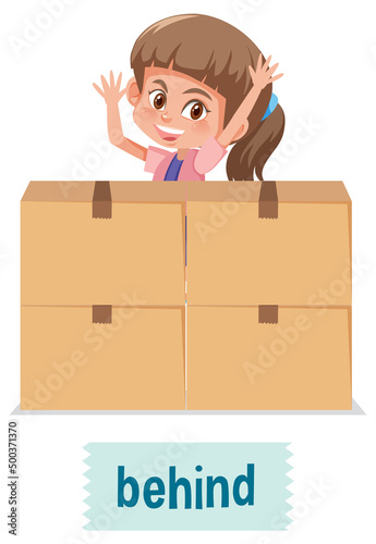 Preposition of place with cartoon girl and a box