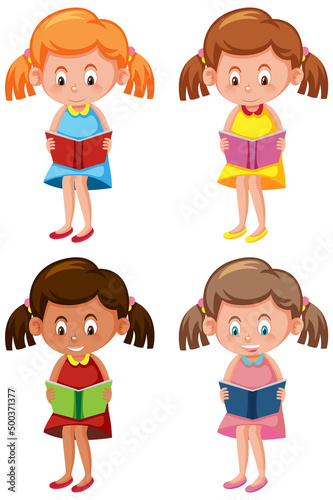 Set of girl sitting and reading