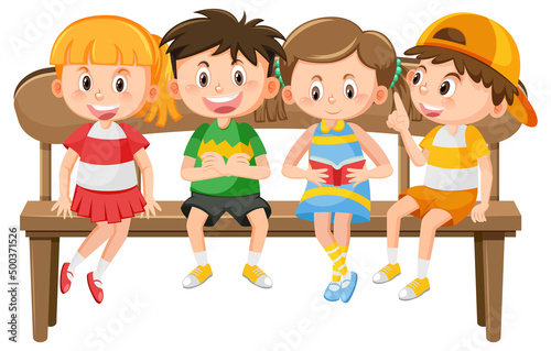 Children sitting on a wooden bench