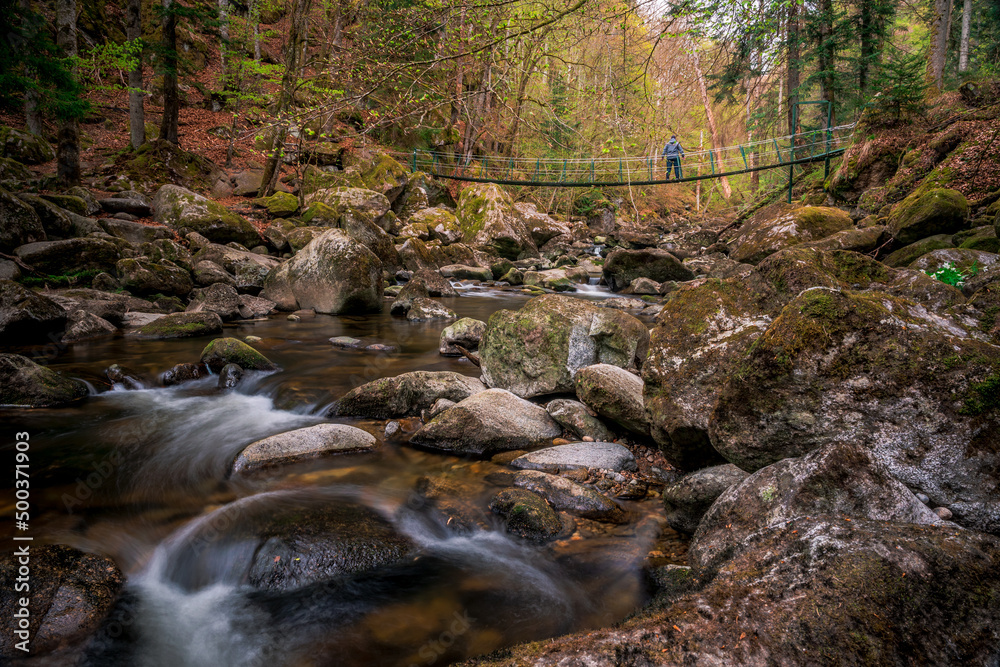 Stones in the river in a mountain valley with green forest. Nature torrent Buchberger Leite in the Bavarian Forest, Germany. Stones in the river in a mountain valley with green forest. Nature torrent Buchberger Leite in the Bavarian Forest, Germany.