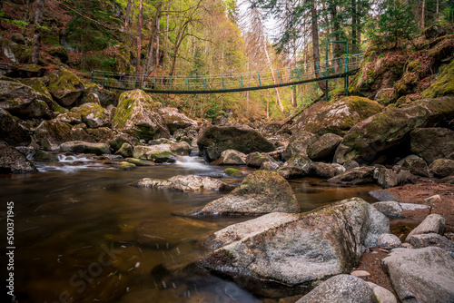 Stones in the river in a mountain valley with green forest. Nature torrent Buchberger Leite in the Bavarian Forest  Germany.