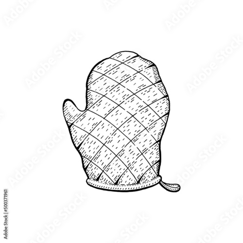 Kitchen cooking glove. Oven mitten icon. Vector mitt doodle sketch. Outline fireproof chef glove for baking. Household illustration. Etching cartoon hand holder. Hot protection mitten. Line object.