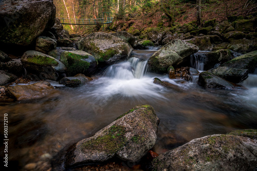 Forest landscape with waterfall and green moss stones in mountain valley. Natural landscape torrent Buchberger Leite in the Bavarian Forest, Germany.