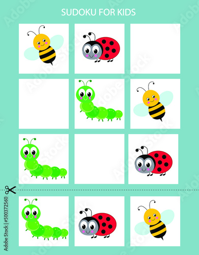 Sudoku game for kids. Insects, bee, ladybug, caterpillar