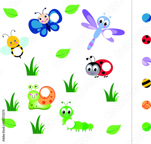 Cut and glue the fragments. Insects: butterfly, ladybug, caterpillar, snail, dragonfly, bee. Matching game for kids