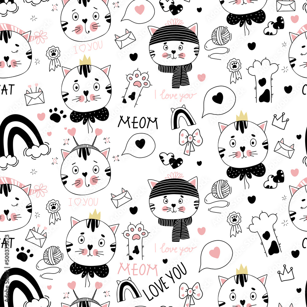 Seamless pattern with cats. Cute kittens in hat, scarf, with crown and heart, sleeping on white background with rainbows, cat toys and paws. Vector illustration in hand drawn linear doodles for design