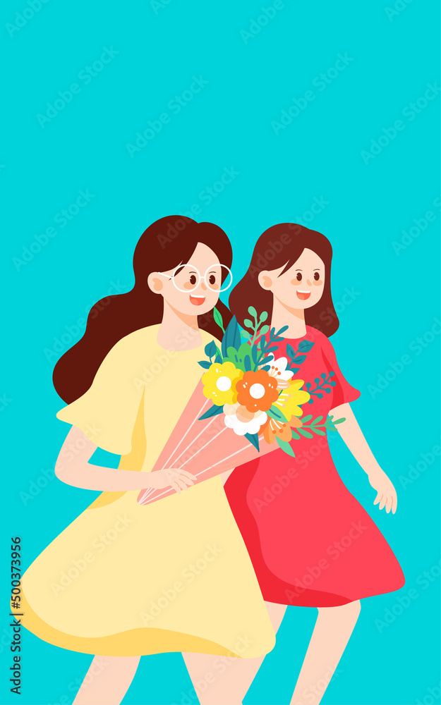 Mother's day mom running with flowers, plants and flowers in the background vector illustration Mother's day mom running with flowers, plants and flowers in the background vector illustration