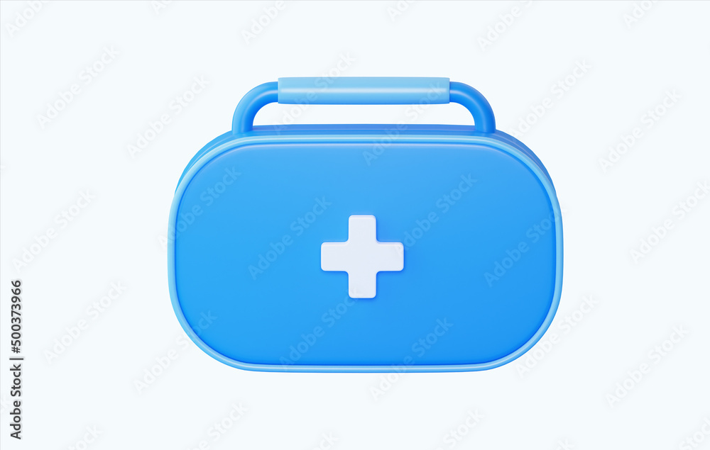 3d cartoon icon of first aid kit. Ambulance emergency box, medical help suitcase. 3d render minimal blue style. 3d cartoon icon of first aid kit. Ambulance emergency box, medical help suitcase. 3d render minimal blue style.