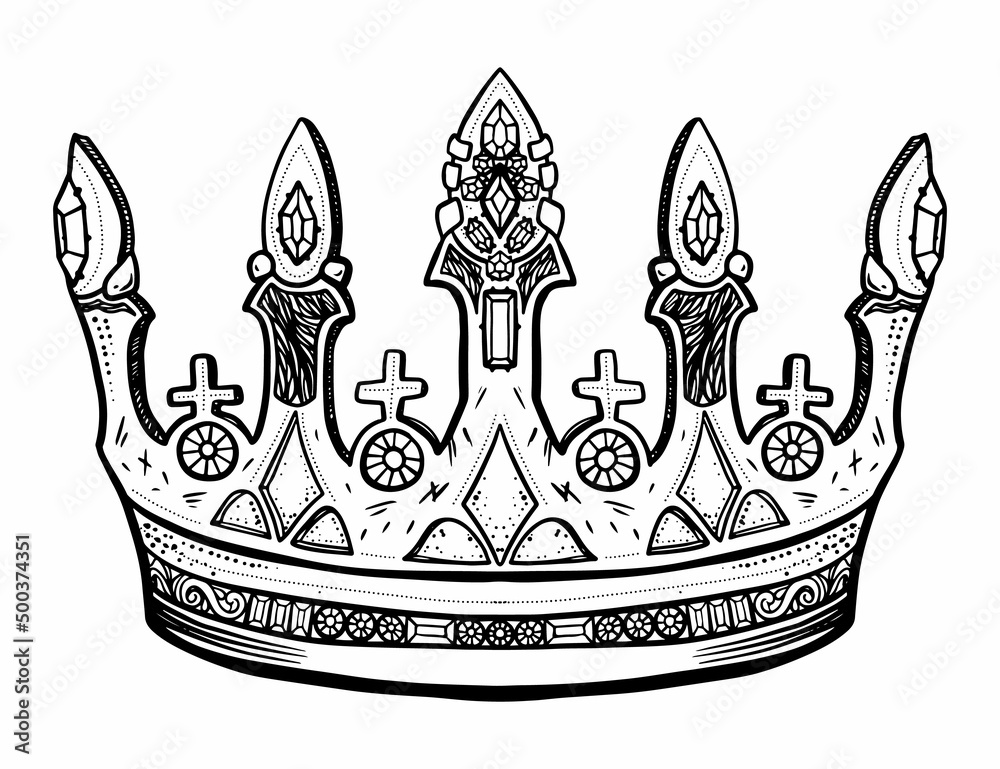 Hand drawn crown. Luxury crowns sketch, queen or king coronation doodle