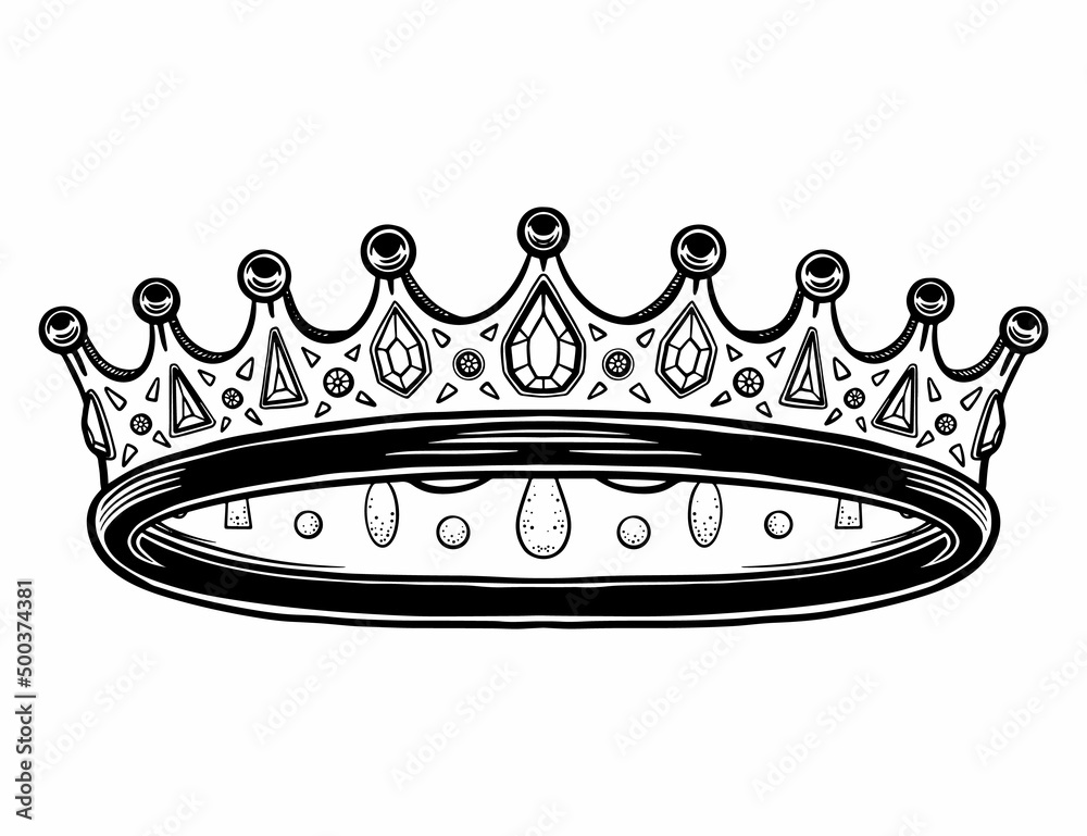 Hand drawn crown. Luxury crowns sketch, queen or king coronation doodle
