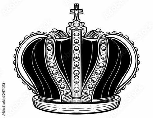 Hand drawn crown. Luxury crowns sketch, queen or king coronation doodle and majestic princess tiara. Monarchs queen diadem. Isolated vintage illustration symbol