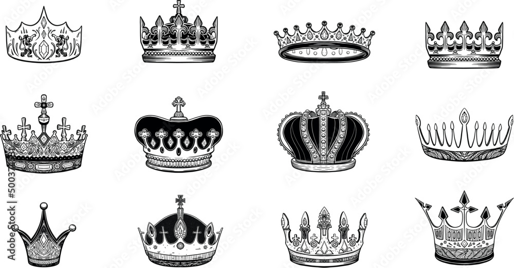 Hand drawn crown. Luxury crowns sketch, queen or king coronation doodle