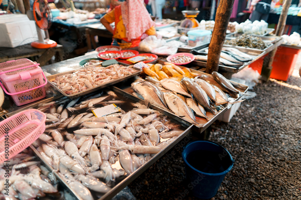 Fish market in Krabi,Raw seafood in a market near the tropical sea