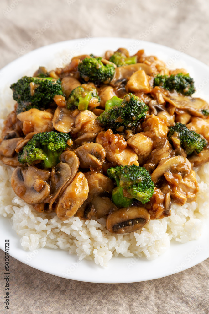 Homemade Chicken Veggie Stir Fry with White Rice, side view. Close-up. Homemade Chicken Veggie Stir Fry with White Rice, side view. Close-up.