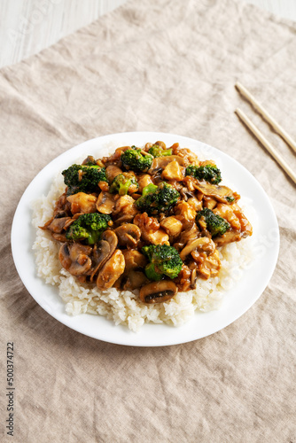 Homemade Chicken Veggie Stir Fry with White Rice, side view.