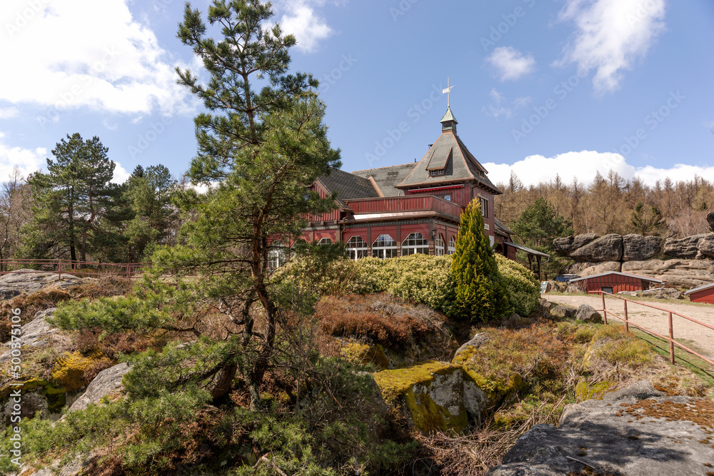 Rustic building on the mountain in the Zittau Mountains. Potter's house or Töpferbaude in German. Saxony