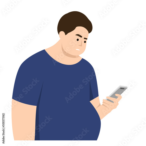 A young fat male character using a mobile phone, millennial daily life