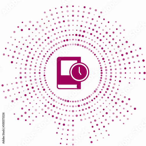 Purple Time for book icon isolated on white background. Abstract circle random dots. Vector