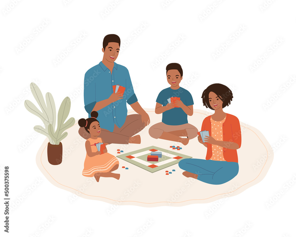 Happy Black Family With Two Children Playing Board Games Together At Home.