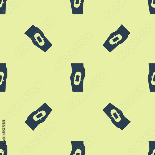 Blue Plaster on leg icon isolated seamless pattern on yellow background. Vector