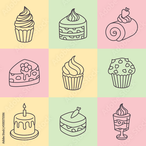 Different Types Of Cakes Icon In Outline Style.