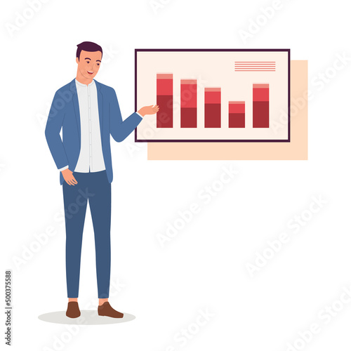 Young Professional Businessman Presenting About Statistics With Graphs Shown On A Presentation TV.