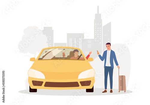 Fototapeta Naklejka Na Ścianę i Meble -  Young Businessman With Luggage Using Smartphone Hailing Car Ride In City Street.