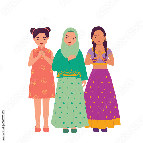 Three Little Girl Dressed In Beautiful Traditional Clothes Greeting.
