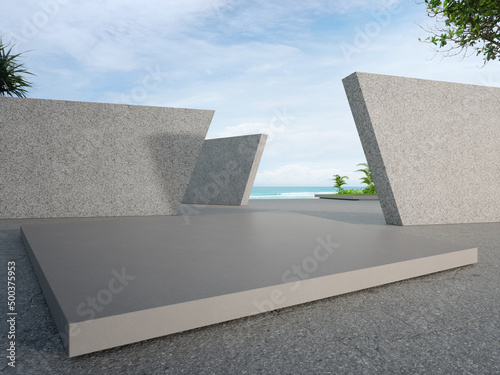 Rectangle gray concrete podium on empty asphalt floor. 3d rendering of sea view plaza with pebble wall and blue sky background.