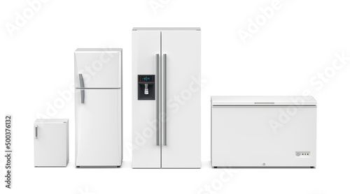 Front view of four different refrigerators on white background