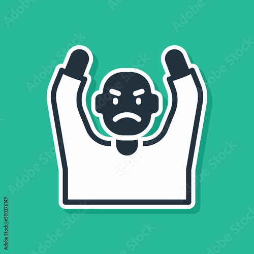 Blue Thief surrendering hands up icon isolated on green background. Man surrendering with both hands raised in air. Vector
