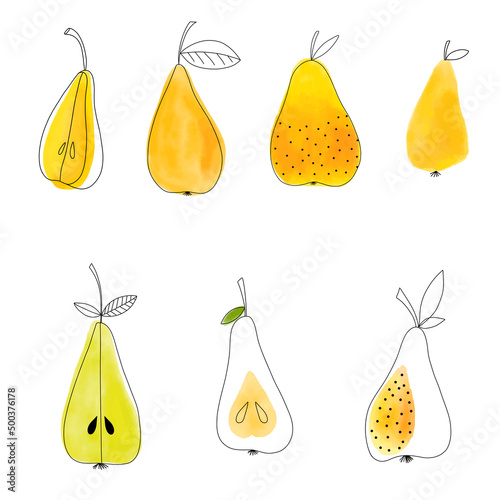 Set of watercolor pears isolated on white background. Vector doodle outline illustration of fresh summer fruit