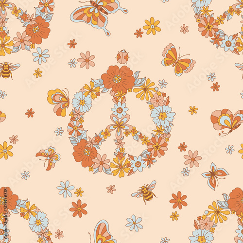 Retro 70s 60s Floral Hippie Summer Peace Sign Groovy Flower Power Flower Child vector seamless pattern. Boho pacifist symbol flora wreath butterfly honeybee ladybug surface design.