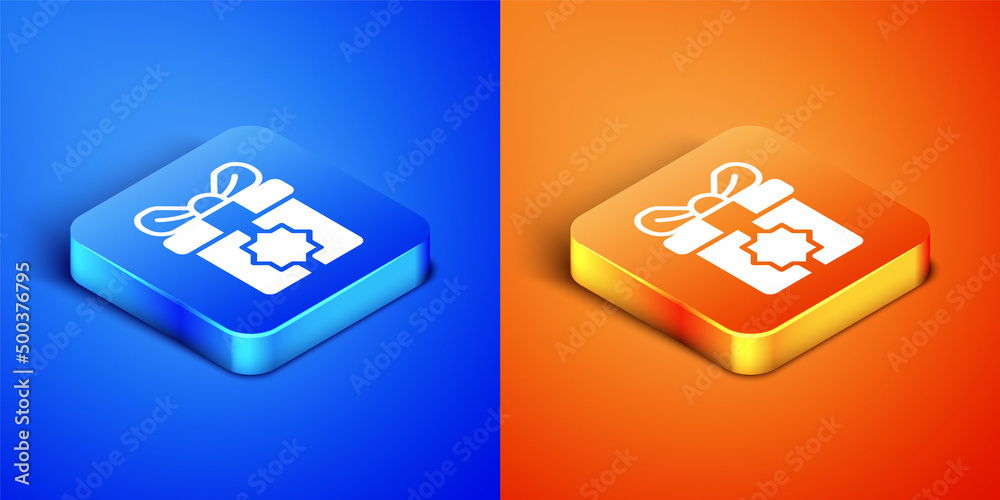 Isometric Gift box icon isolated on blue and orange background. Holy month, Ramadan, Christmas present wrapped packages, birthday, valentine. Square button. Vector Isometric Gift box icon isolated on blue and orange background. Holy month, Ramadan, Christmas present wrapped packages, birthday, valentine. Square button. Vector