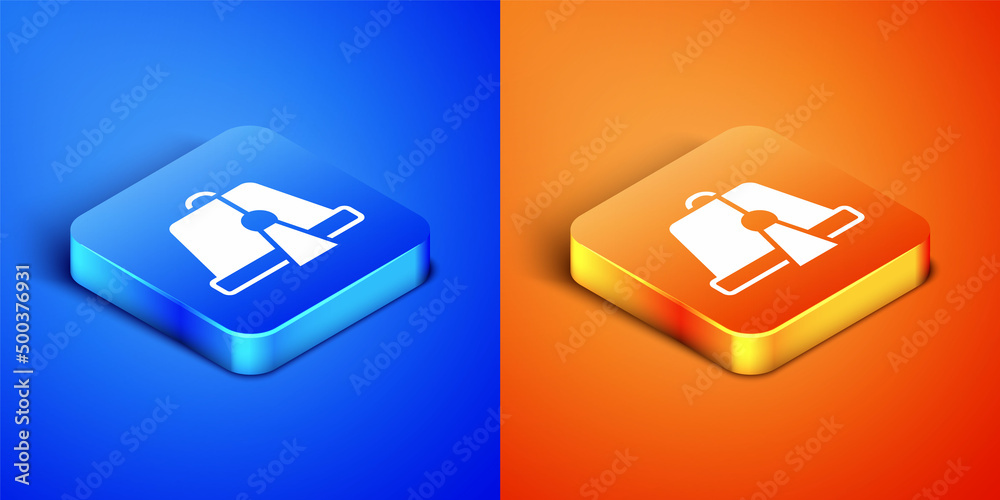 Isometric Turkish hat icon isolated on blue and orange background. Square button. Vector Isometric Turkish hat icon isolated on blue and orange background. Square button. Vector