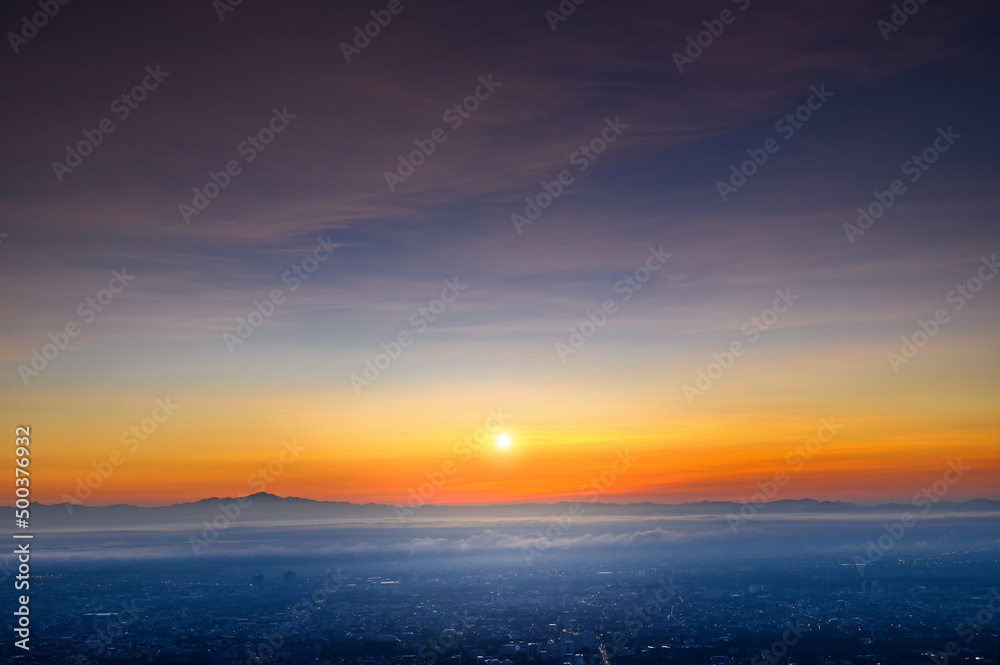 aerial view landscape of DOI SUTHEP mountain at morning with sea of mist in sunrise sky , Chiangmai ,Thailand