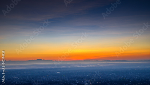 aerial view landscape of DOI SUTHEP mountain at morning with sea of mist in sunrise sky , Chiangmai ,Thailand