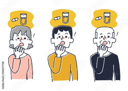 薬を飲み忘れたことに気がついた人物のセット コミカルな手書きの人物　ベクター、線画にカラー
