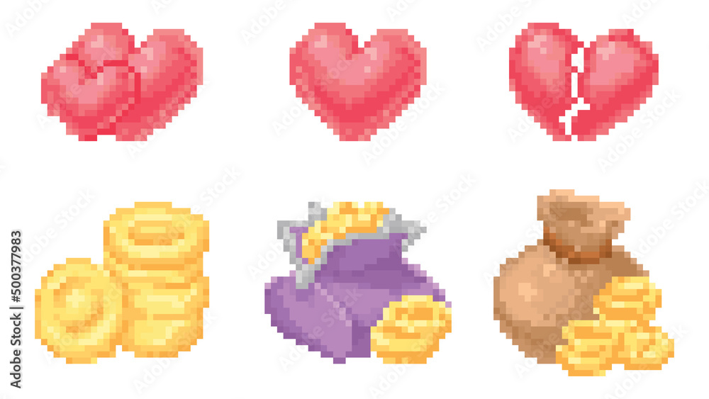 Pixel art game icon heart, and gold Pixel art game icon heart, and gold