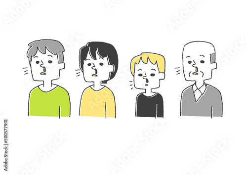 鼻血が出ている人々のセット コミカルな手書きの人物　ベクター、線画にカラー