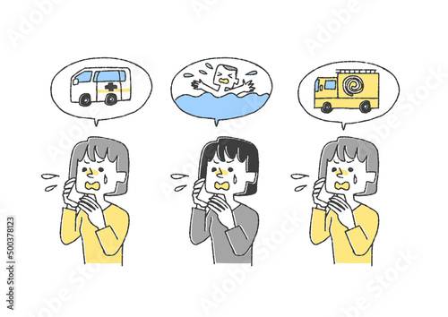 通報の電話をしている女性のセット コミカルな手書きの人物　ベクター、線画にカラー