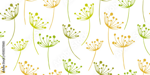 Hand drawn colorful flying seeds of dandelion in cute doodle style horizontal seamless pattern. Vector illustration for fabric, textile, paper, card design or baby clothings.